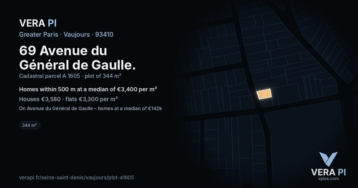 69 Avenue du Général de Gaulle, Vaujours at night – the plot lit, the parcels around coloured by the prices near them
