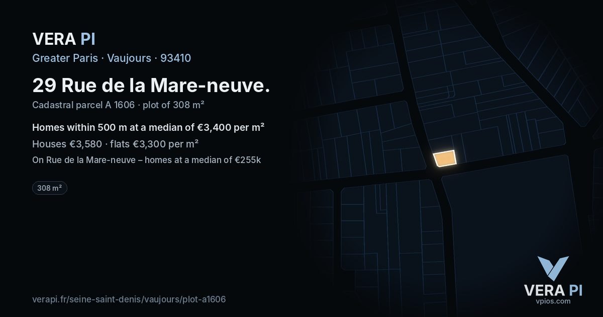 29 Rue de la Mare-neuve, Vaujours at night – the plot lit, the parcels around coloured by the prices near them