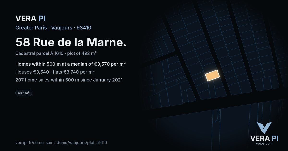 58 Rue de la Marne, Vaujours at night – the plot lit, the parcels around coloured by the prices near them