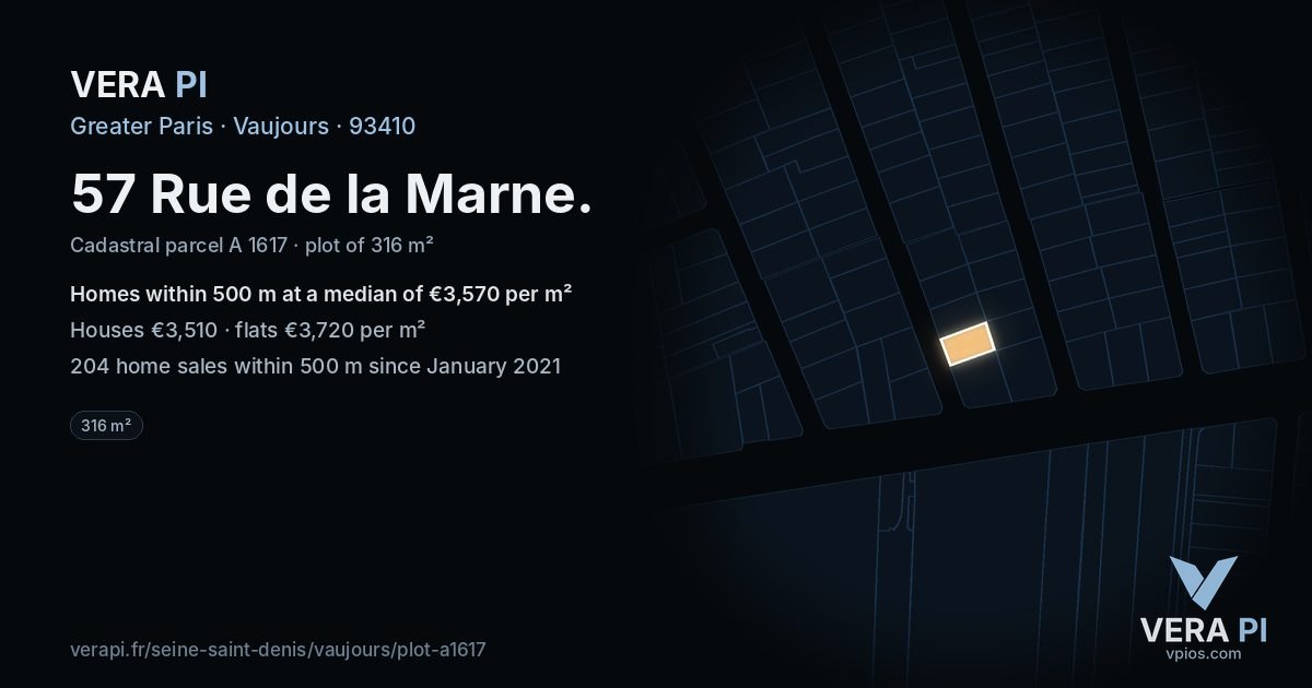 57 Rue de la Marne, Vaujours at night – the plot lit, the parcels around coloured by the prices near them