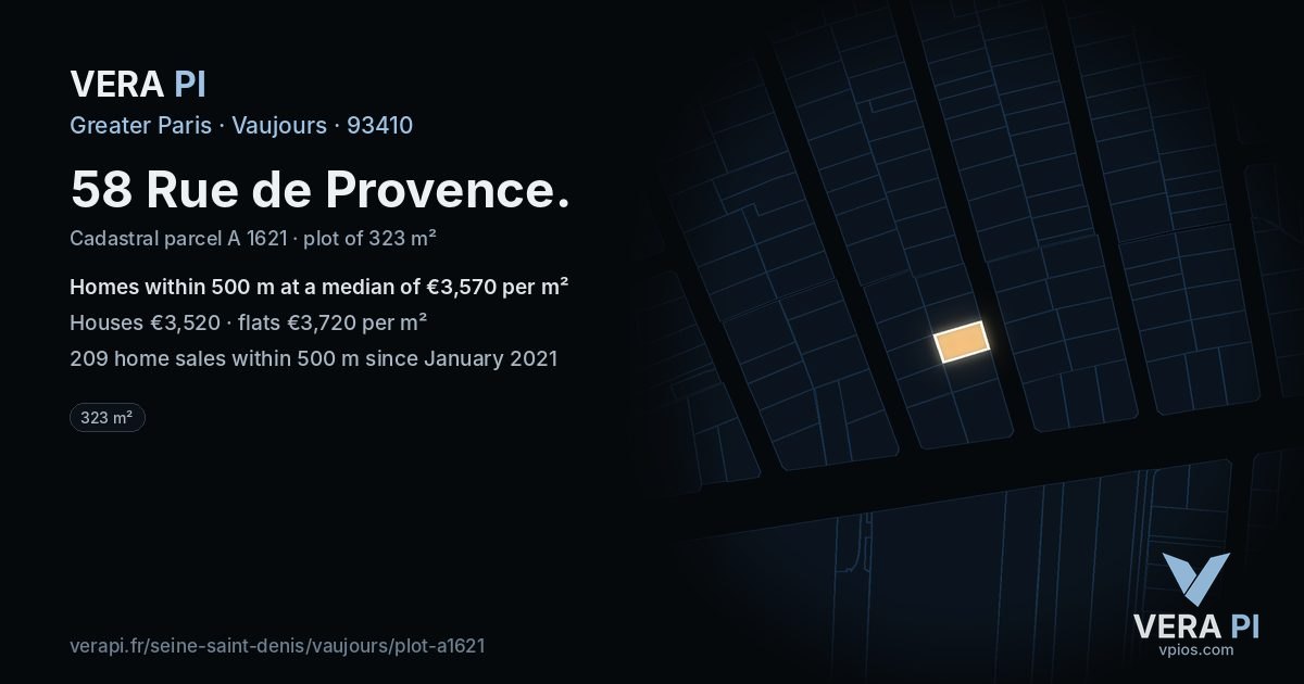 58 Rue de Provence, Vaujours at night – the plot lit, the parcels around coloured by the prices near them