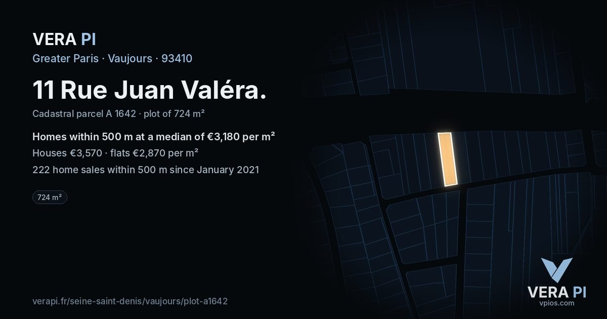 11 Rue Juan Valéra, Vaujours at night – the plot lit, the parcels around coloured by the prices near them