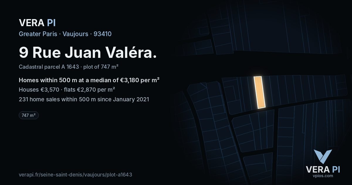 9 Rue Juan Valéra, Vaujours at night – the plot lit, the parcels around coloured by the prices near them