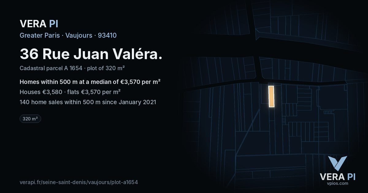 36 Rue Juan Valéra, Vaujours at night – the plot lit, the parcels around coloured by the prices near them