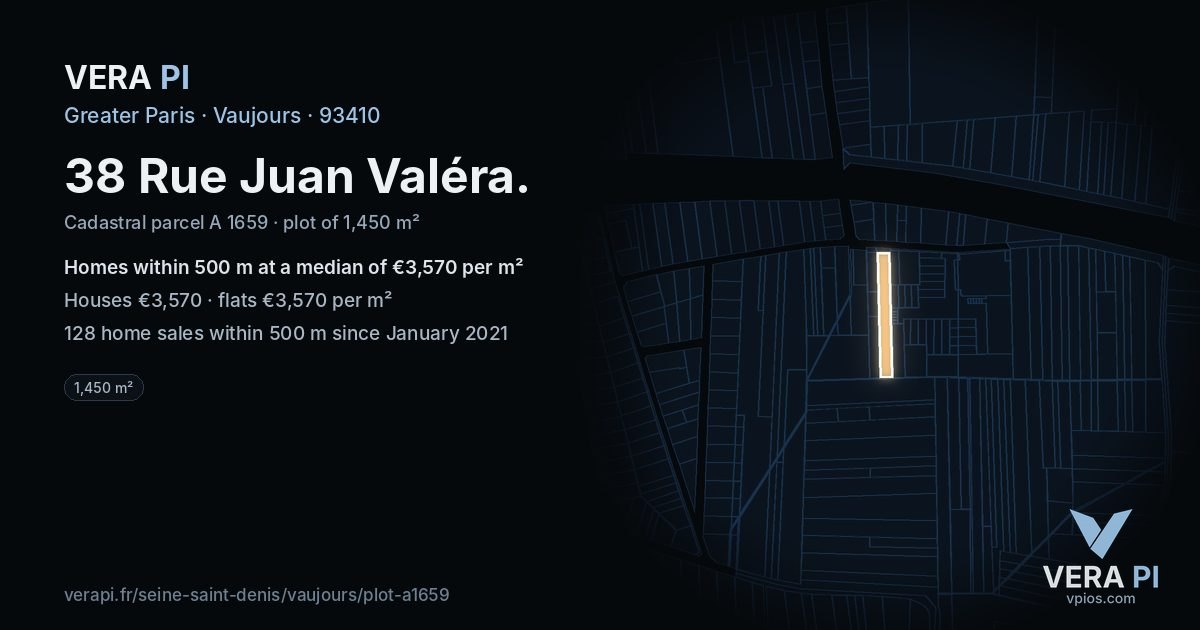 38 Rue Juan Valéra, Vaujours at night – the plot lit, the parcels around coloured by the prices near them
