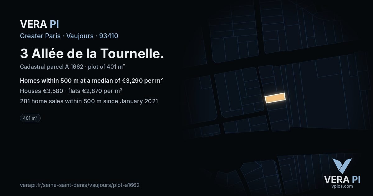 3 Allée de la Tournelle, Vaujours at night – the plot lit, the parcels around coloured by the prices near them