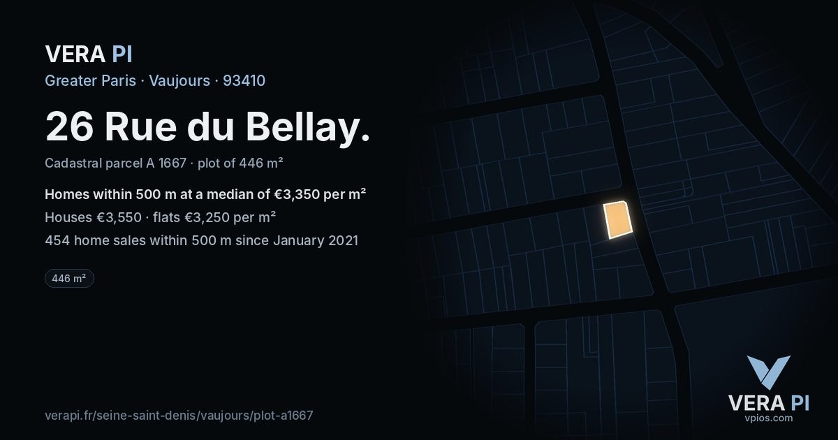 26 Rue du Bellay, Vaujours at night – the plot lit, the parcels around coloured by the prices near them