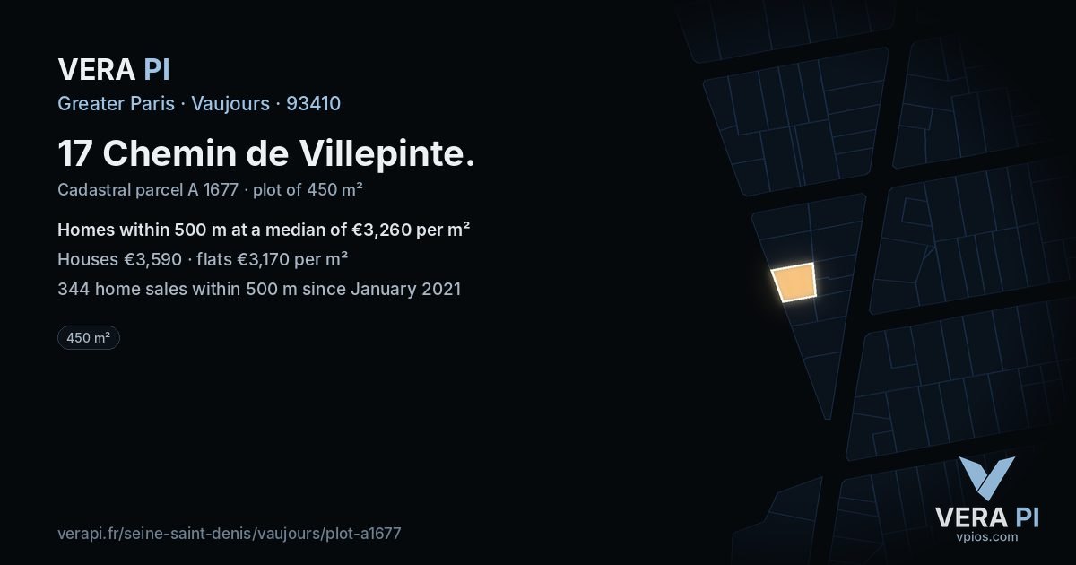 17 Chemin de Villepinte, Vaujours at night – the plot lit, the parcels around coloured by the prices near them