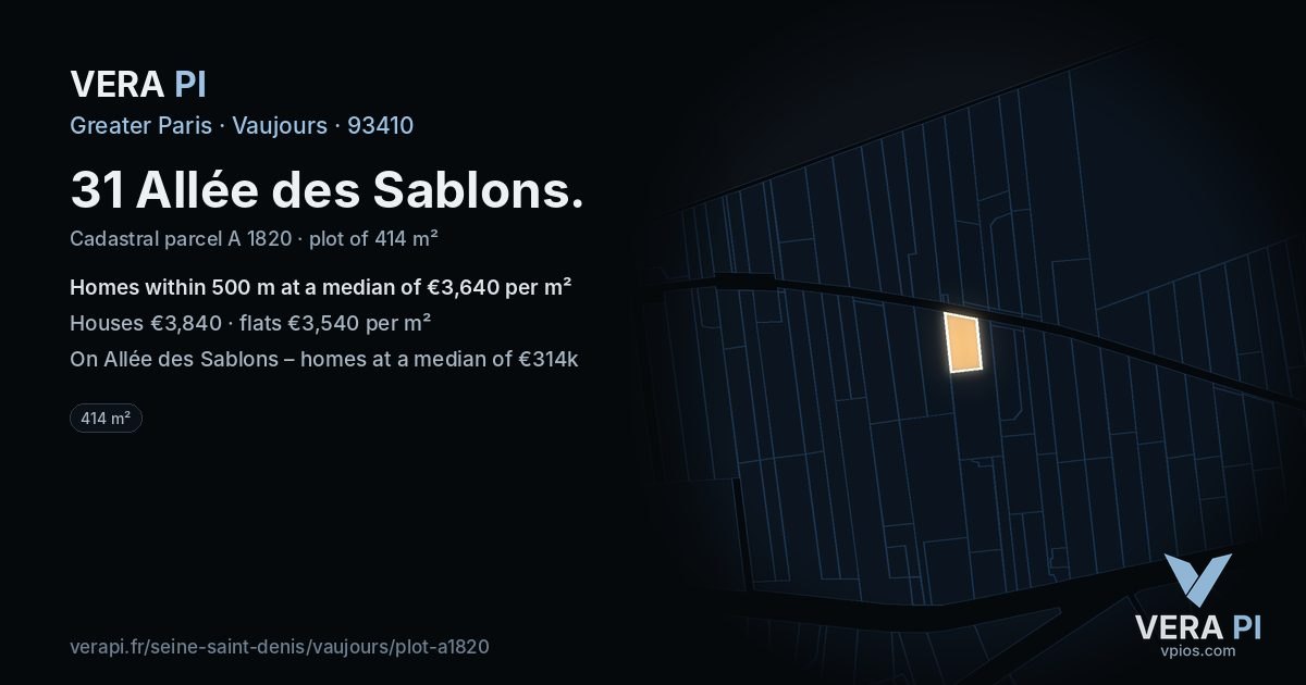 31 Allée des Sablons, Vaujours at night – the plot lit, the parcels around coloured by the prices near them