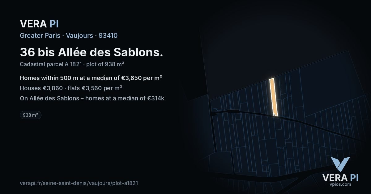 36 bis Allée des Sablons, Vaujours at night – the plot lit, the parcels around coloured by the prices near them