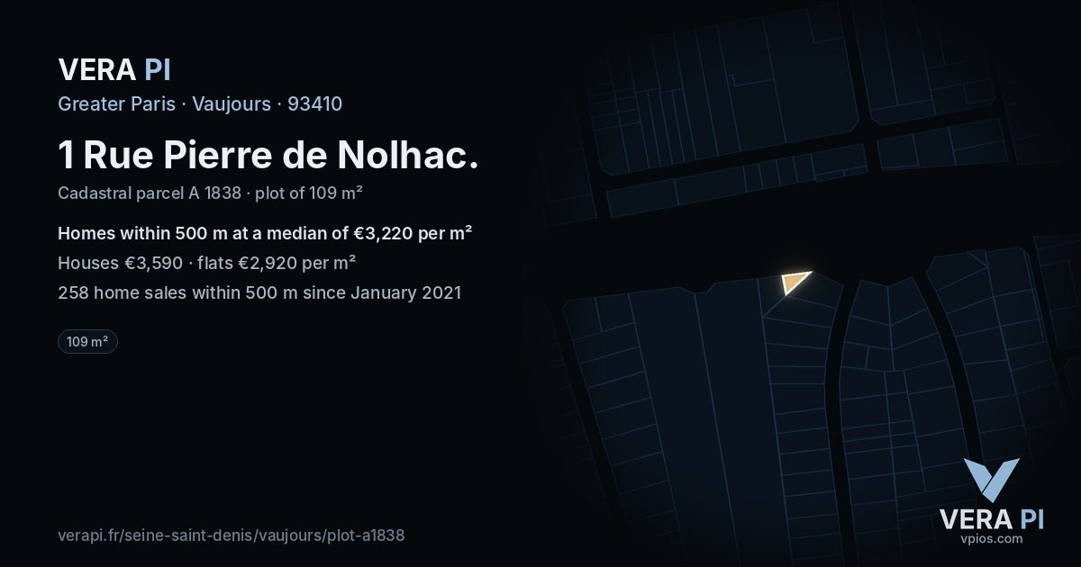 1 Rue Pierre de Nolhac, Vaujours at night – the plot lit, the parcels around coloured by the prices near them