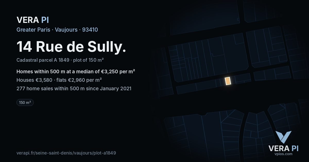 14 Rue de Sully, Vaujours at night – the plot lit, the parcels around coloured by the prices near them