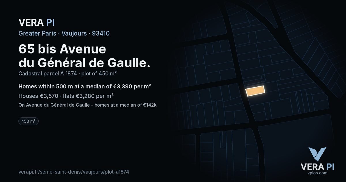 65 bis Avenue du Général de Gaulle, Vaujours at night – the plot lit, the parcels around coloured by the prices near them
