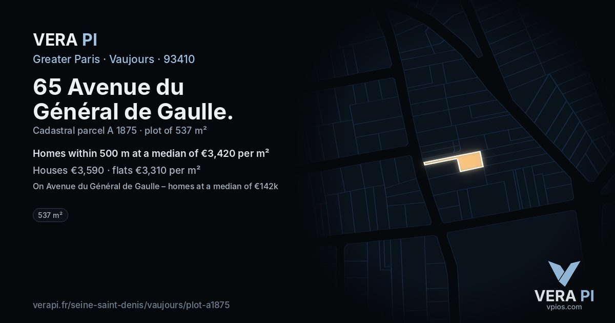65 Avenue du Général de Gaulle, Vaujours at night – the plot lit, the parcels around coloured by the prices near them