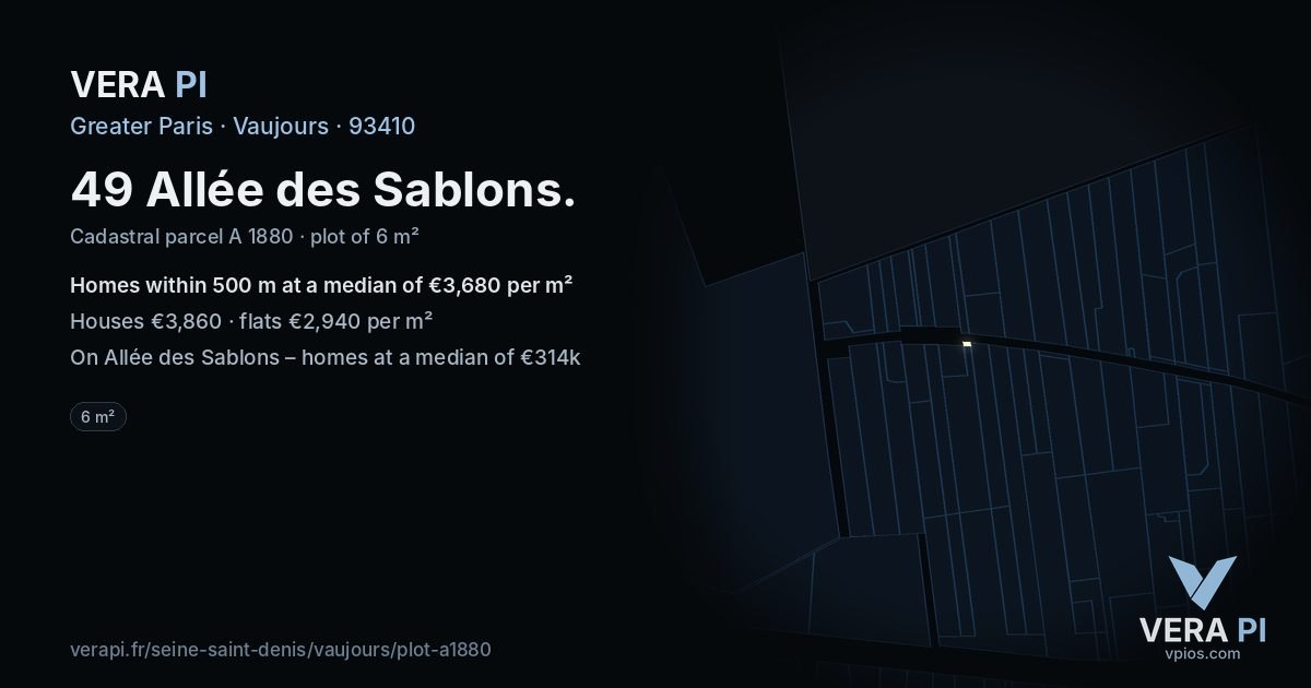 49 Allée des Sablons, Vaujours at night – the plot lit, the parcels around coloured by the prices near them