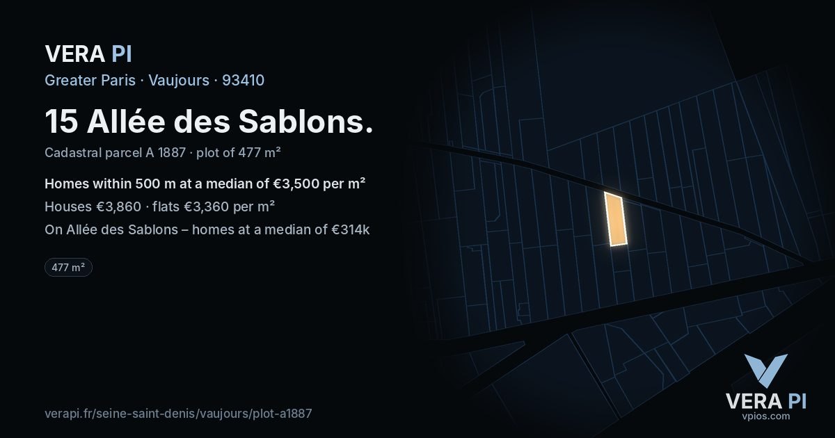 15 Allée des Sablons, Vaujours at night – the plot lit, the parcels around coloured by the prices near them