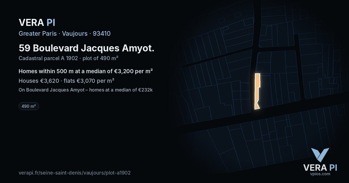 59 Boulevard Jacques Amyot, Vaujours at night – the plot lit, the parcels around coloured by the prices near them