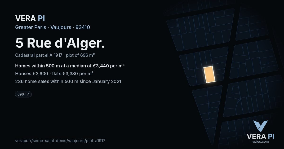 5 Rue d'Alger, Vaujours at night – the plot lit, the parcels around coloured by the prices near them