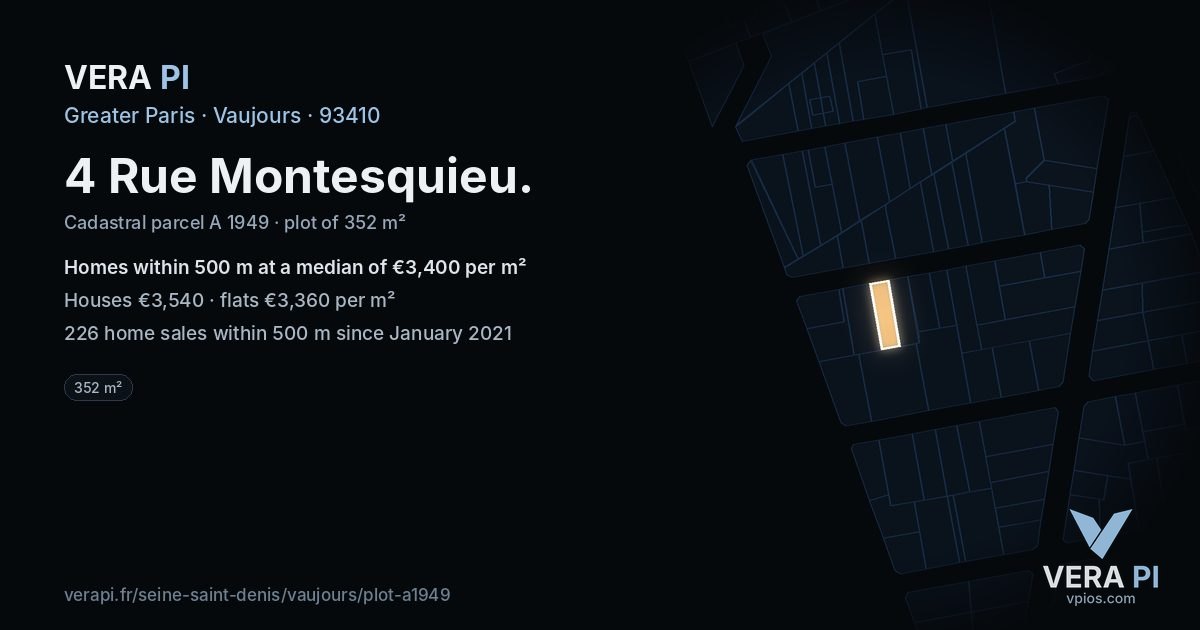 4 Rue Montesquieu, Vaujours at night – the plot lit, the parcels around coloured by the prices near them