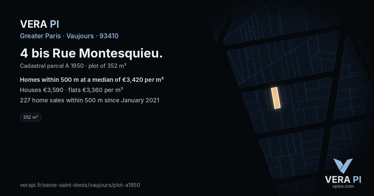4 bis Rue Montesquieu, Vaujours at night – the plot lit, the parcels around coloured by the prices near them