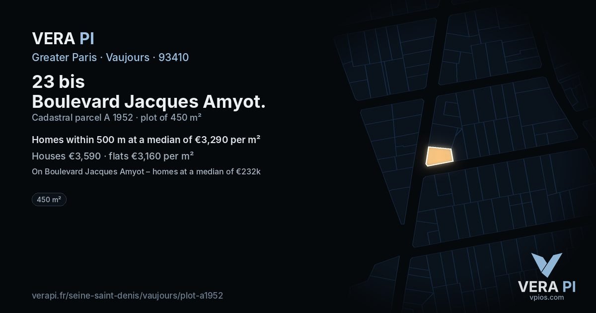 23 bis Boulevard Jacques Amyot, Vaujours at night – the plot lit, the parcels around coloured by the prices near them