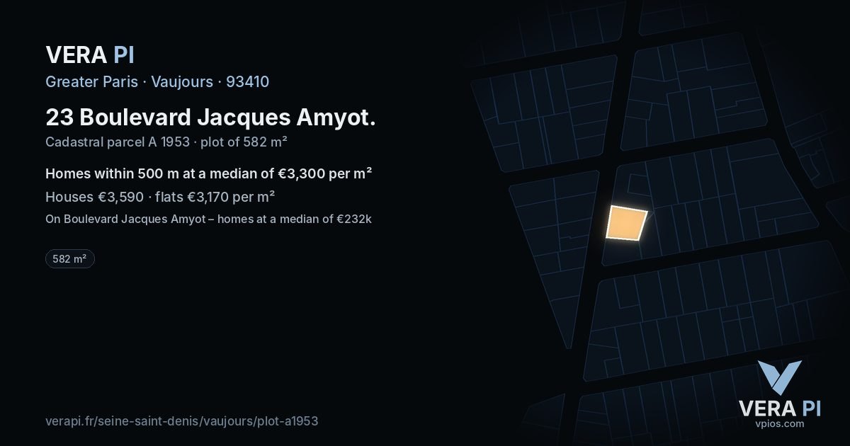 23 Boulevard Jacques Amyot, Vaujours at night – the plot lit, the parcels around coloured by the prices near them