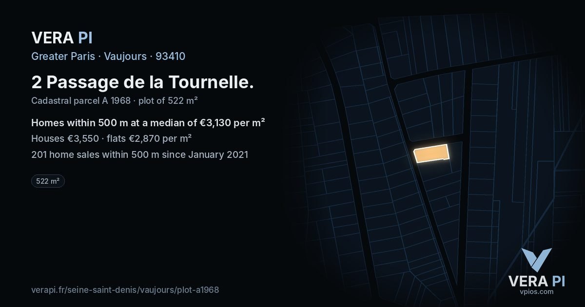 2 Passage de la Tournelle, Vaujours at night – the plot lit, the parcels around coloured by the prices near them