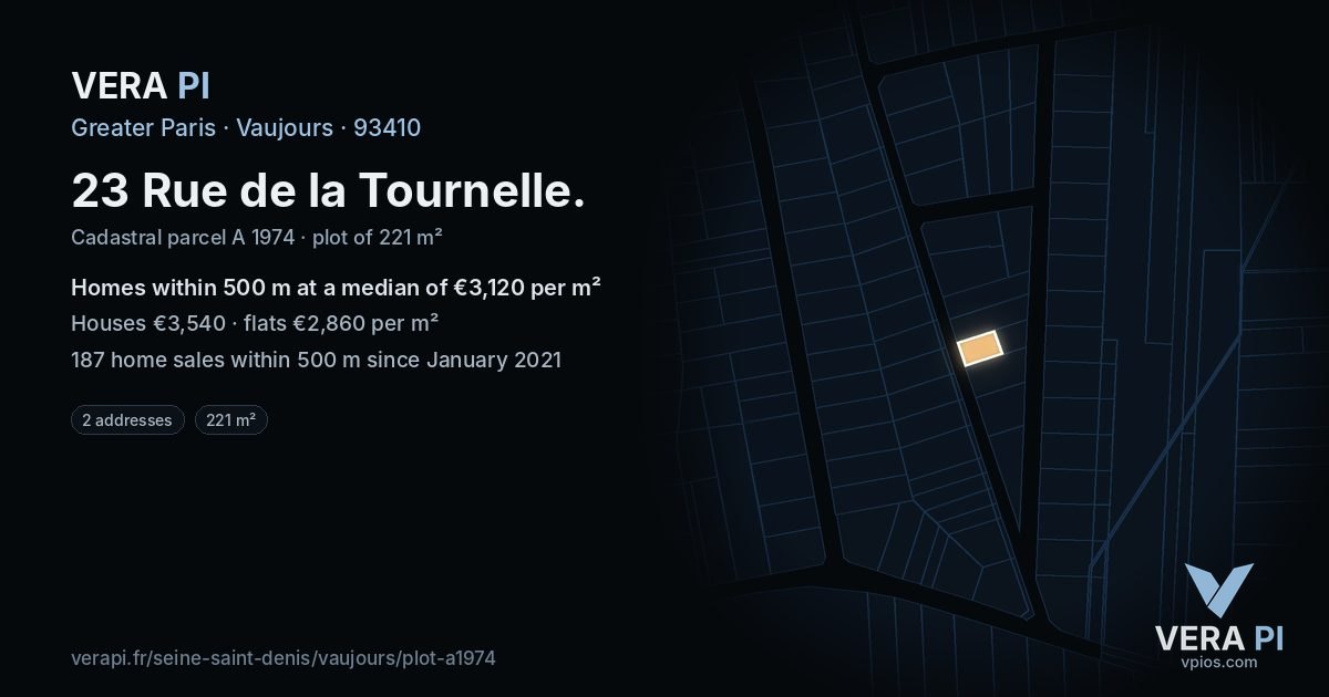 23 Rue de la Tournelle, Vaujours at night – the plot lit, the parcels around coloured by the prices near them