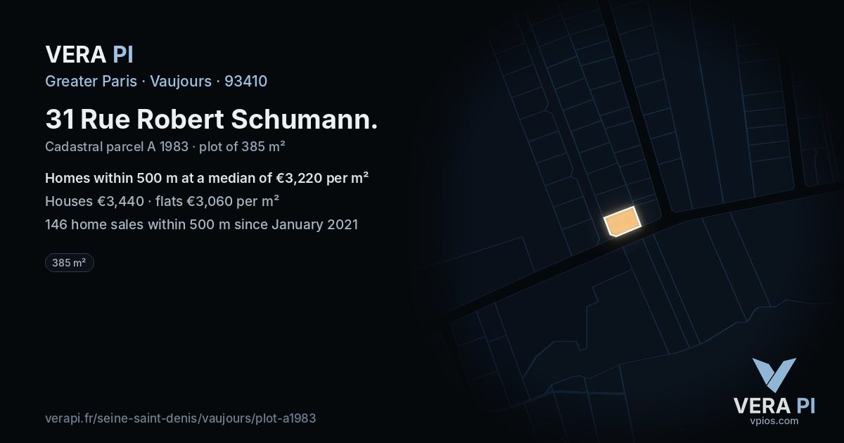 31 Rue Robert Schumann, Vaujours at night – the plot lit, the parcels around coloured by the prices near them