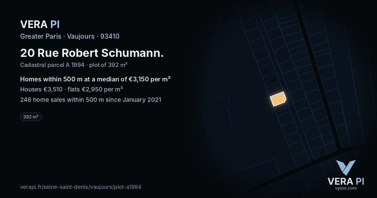 20 Rue Robert Schumann, Vaujours at night – the plot lit, the parcels around coloured by the prices near them