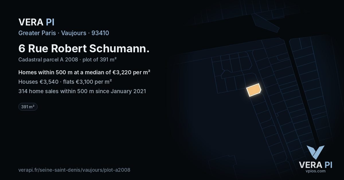 6 Rue Robert Schumann, Vaujours at night – the plot lit, the parcels around coloured by the prices near them