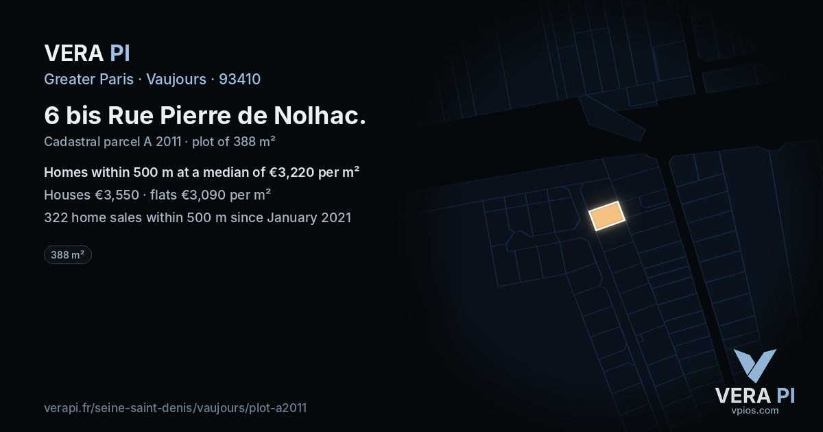 6 bis Rue Pierre de Nolhac, Vaujours at night – the plot lit, the parcels around coloured by the prices near them