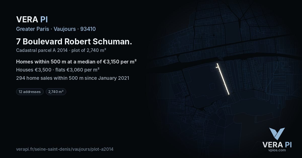 7 Boulevard Robert Schuman, Vaujours at night – the plot lit, the parcels around coloured by the prices near them