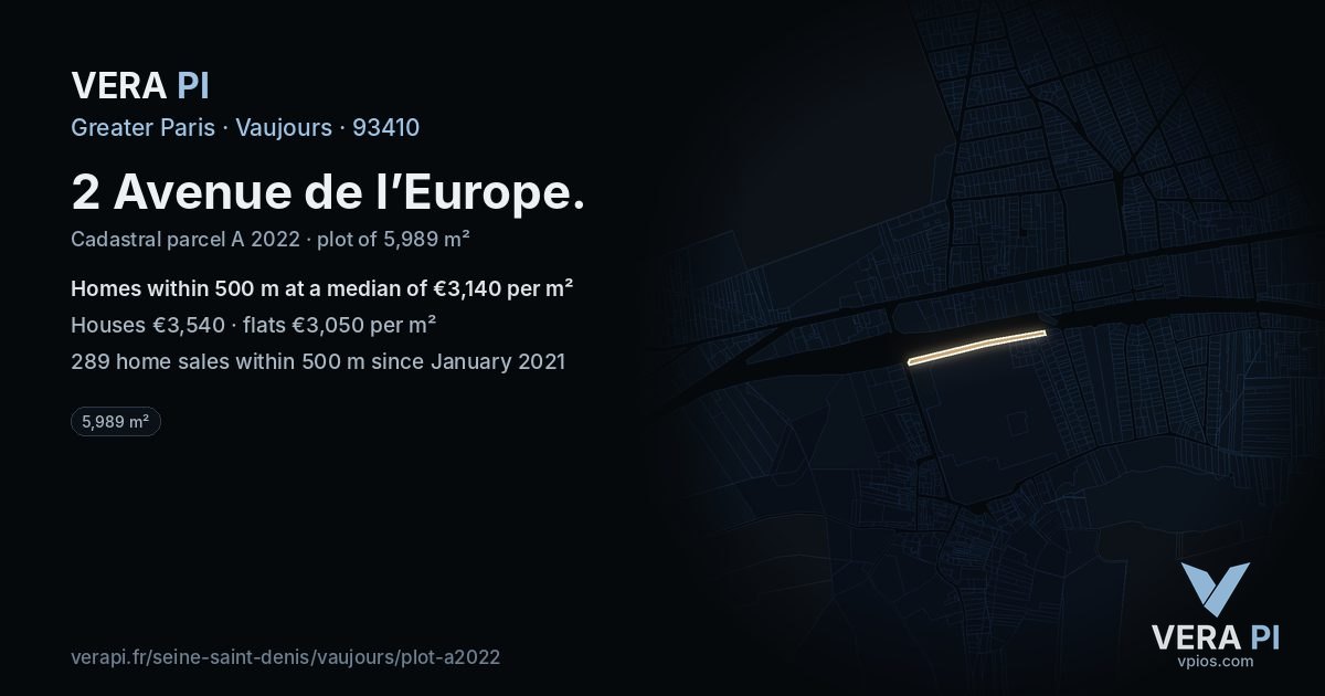 2 Avenue de l’Europe, Vaujours at night – the plot lit, the parcels around coloured by the prices near them