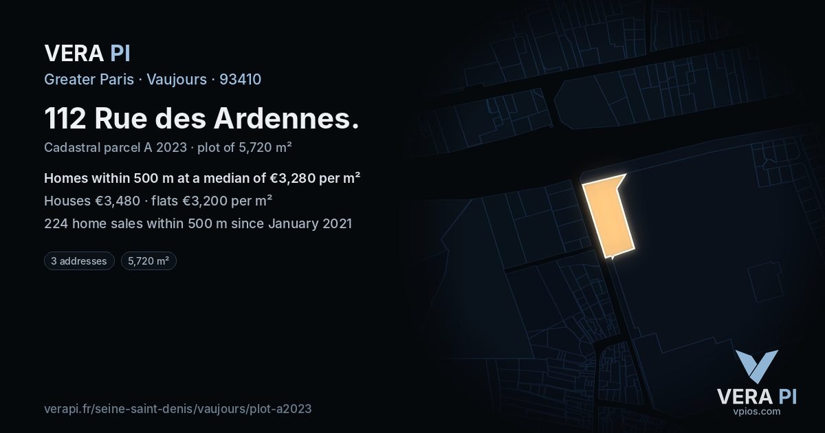 112 Rue des Ardennes, Vaujours at night – the plot lit, the parcels around coloured by the prices near them
