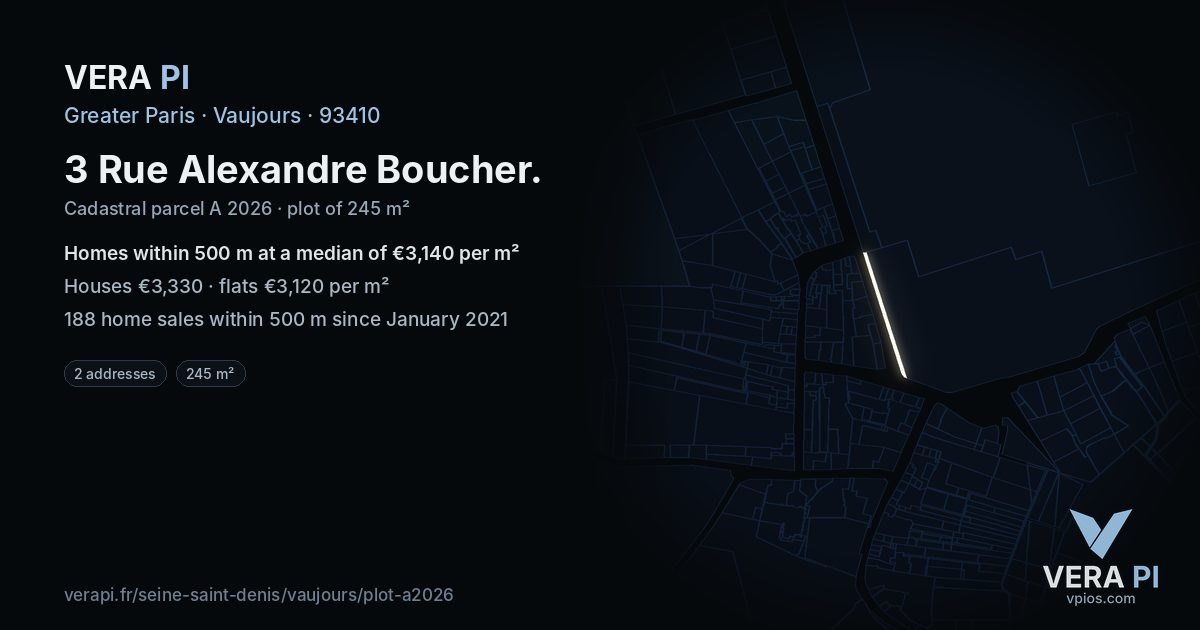 3 Rue Alexandre Boucher, Vaujours at night – the plot lit, the parcels around coloured by the prices near them