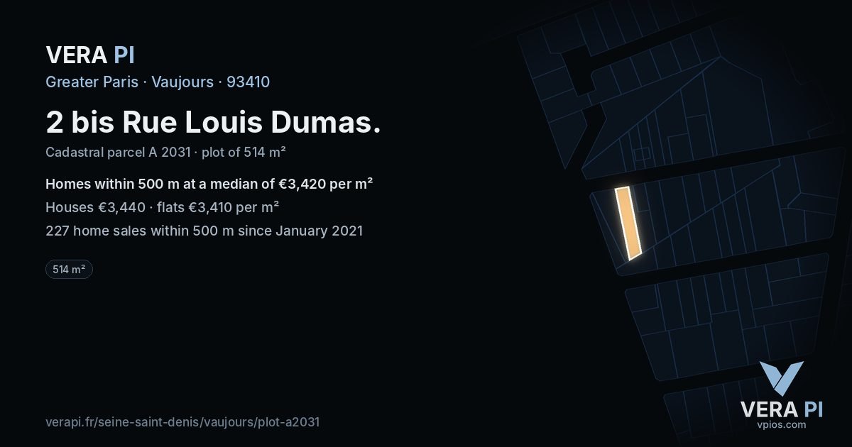 2 bis Rue Louis Dumas, Vaujours at night – the plot lit, the parcels around coloured by the prices near them