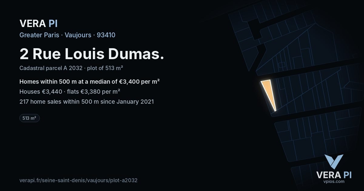 2 Rue Louis Dumas, Vaujours at night – the plot lit, the parcels around coloured by the prices near them