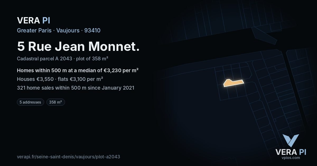 5 Rue Jean Monnet, Vaujours at night – the plot lit, the parcels around coloured by the prices near them