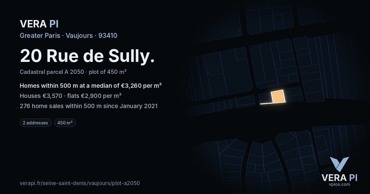 20 Rue de Sully, Vaujours at night – the plot lit, the parcels around coloured by the prices near them