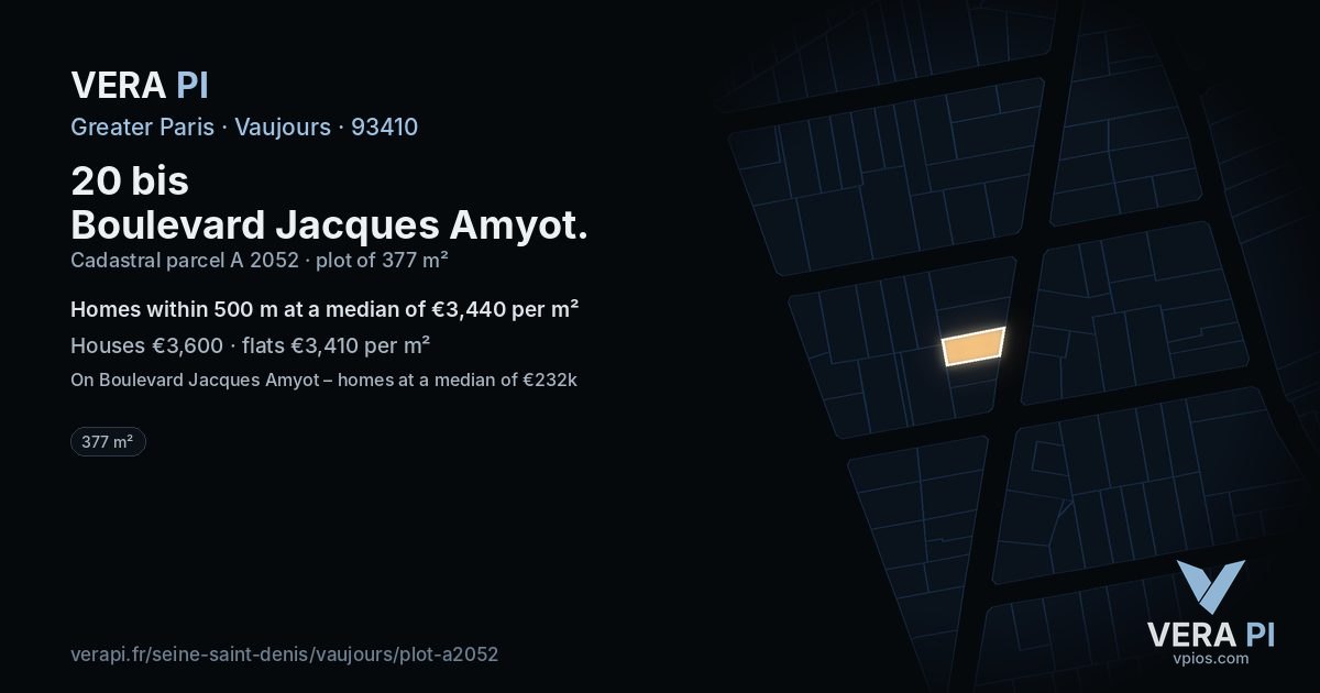 20 bis Boulevard Jacques Amyot, Vaujours at night – the plot lit, the parcels around coloured by the prices near them