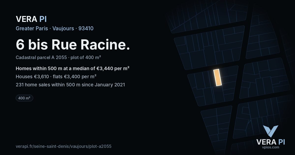 6 bis Rue Racine, Vaujours at night – the plot lit, the parcels around coloured by the prices near them