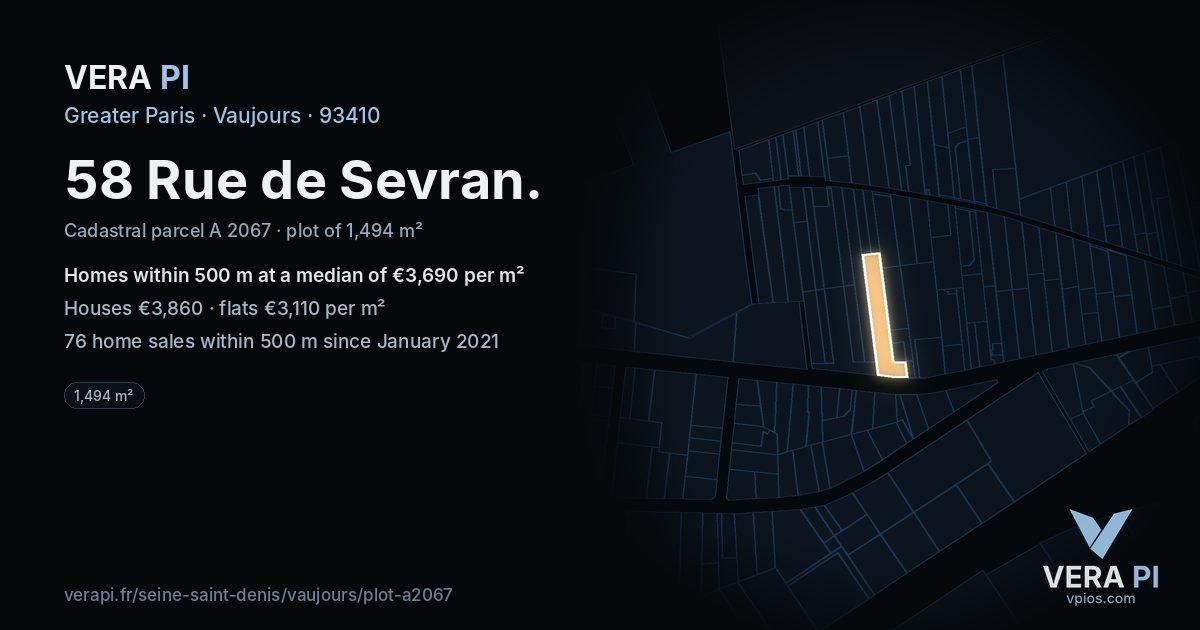 58 Rue de Sevran, Vaujours at night – the plot lit, the parcels around coloured by the prices near them