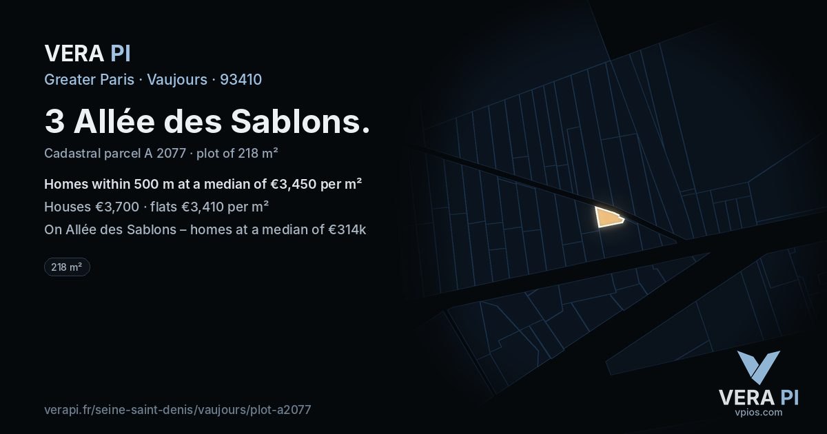 3 Allée des Sablons, Vaujours at night – the plot lit, the parcels around coloured by the prices near them