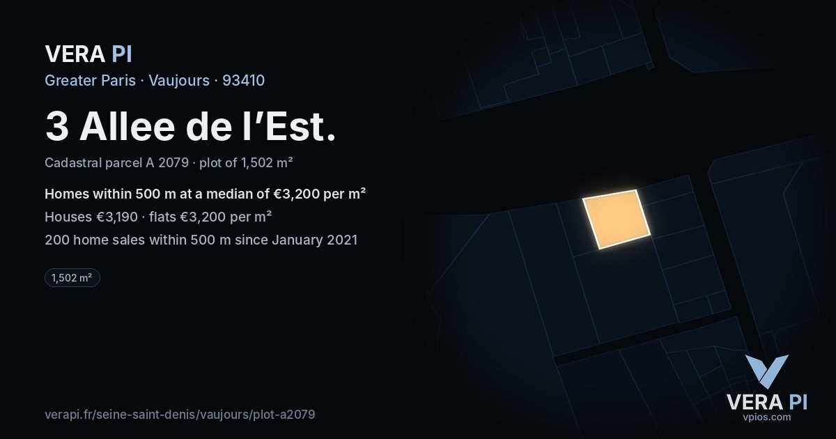 3 Allee de l’Est, Vaujours at night – the plot lit, the parcels around coloured by the prices near them