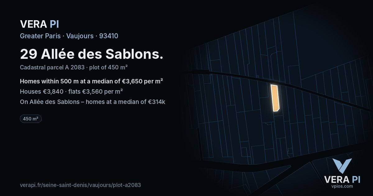 29 Allée des Sablons, Vaujours at night – the plot lit, the parcels around coloured by the prices near them
