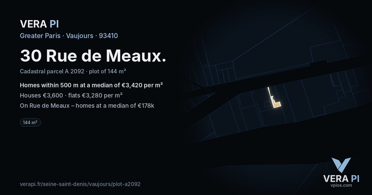 30 Rue de Meaux, Vaujours at night – the plot lit, the parcels around coloured by the prices near them