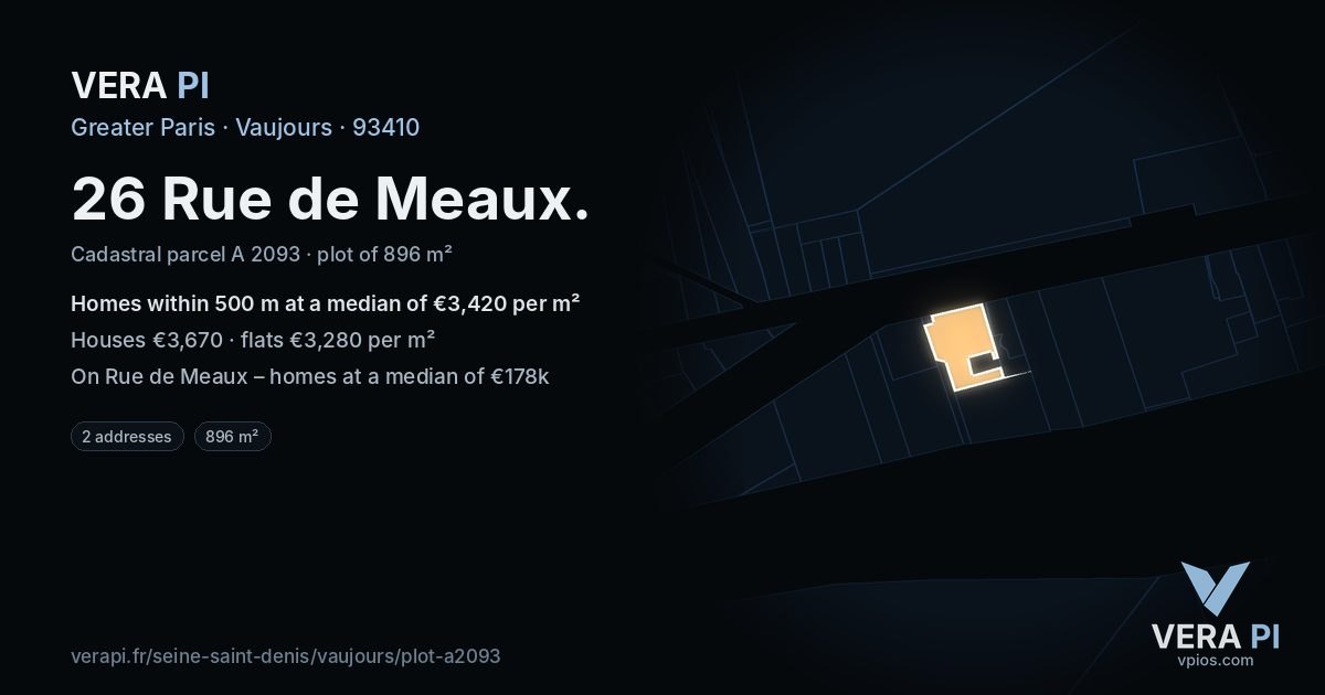26 Rue de Meaux, Vaujours at night – the plot lit, the parcels around coloured by the prices near them