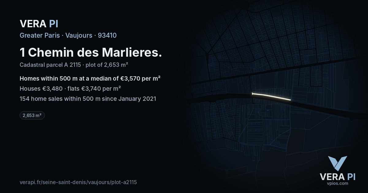 1 Chemin des Marlieres, Vaujours at night – the plot lit, the parcels around coloured by the prices near them