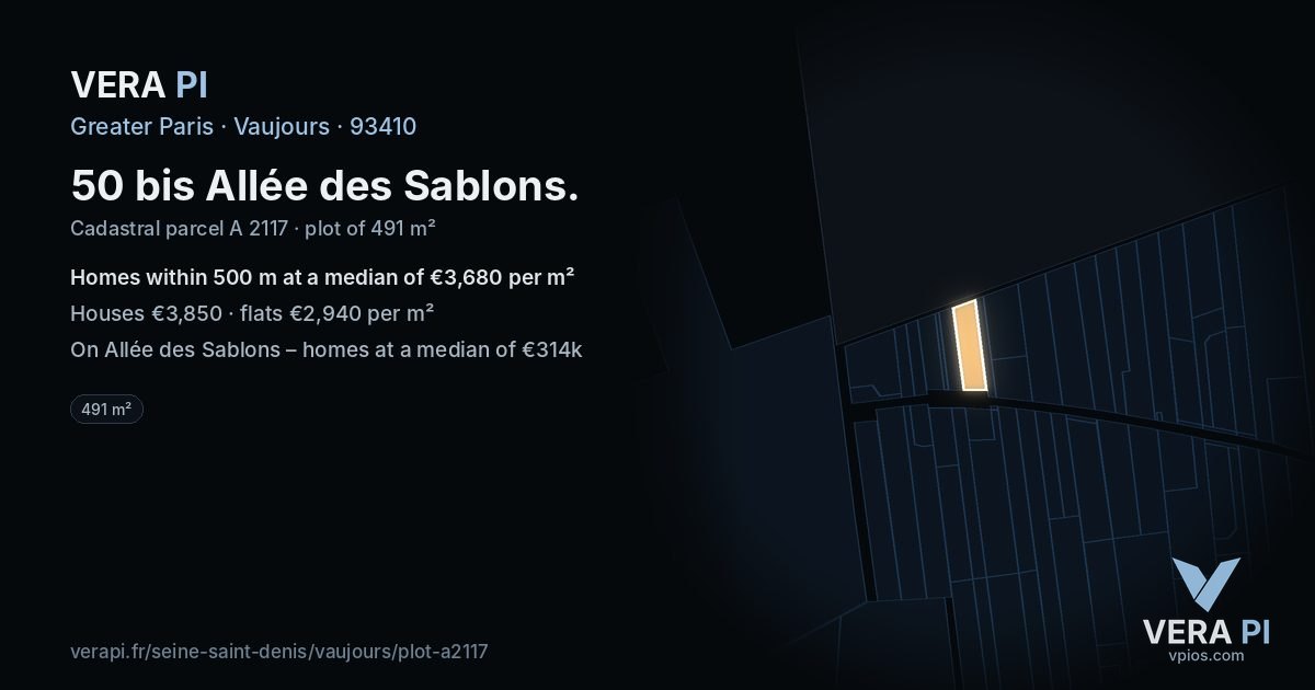 50 bis Allée des Sablons, Vaujours at night – the plot lit, the parcels around coloured by the prices near them